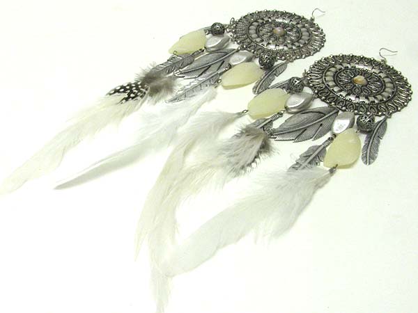 Genuine natural feather drop round earring