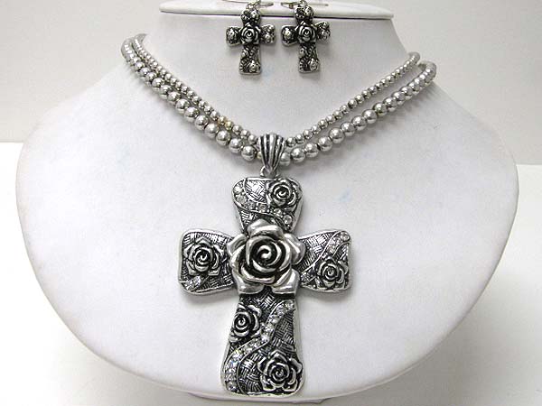 Crystal stud flower cross metal art pendant necklace earring set