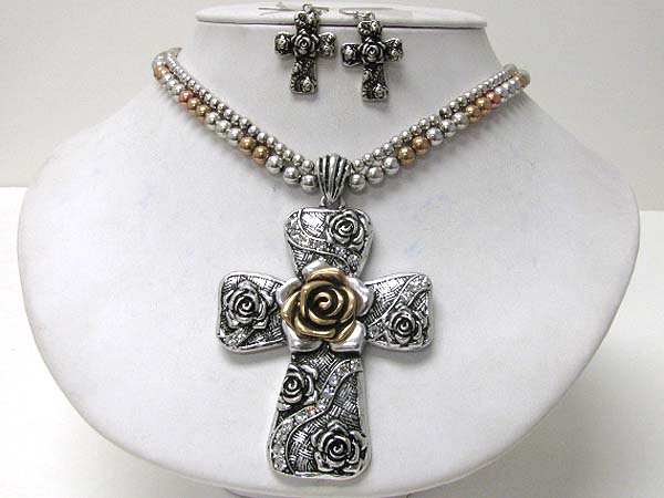 Crystal stud flower cross metal art pendant necklace earring set