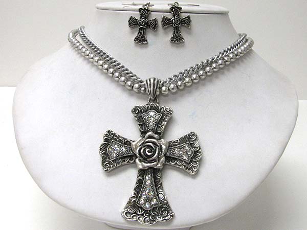 Crystal stud flower cross metal art pendant necklace earring set