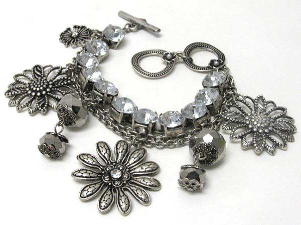 Retro vintage  multo flower charm dangle crystal and metal link bracelet