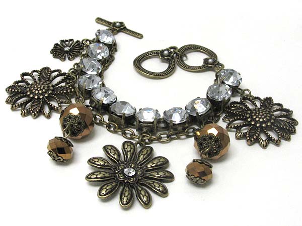 Retro vintage  multo flower charm dangle crystal and metal link bracelet