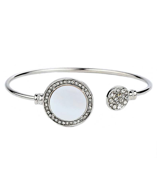 Mother of pearl and crystal disk wire bangle bracelet