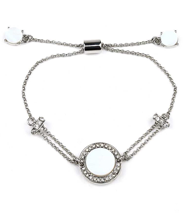 Mother of pearl and crystal disk pull tie bracelet