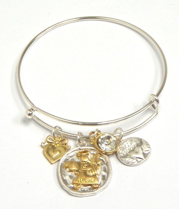 Angel theme multi charm adjustable wire bangle bracelet