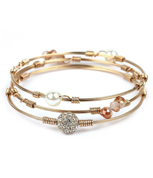 Multi pearl and crystal stackable 3 wire bangle bracelet set