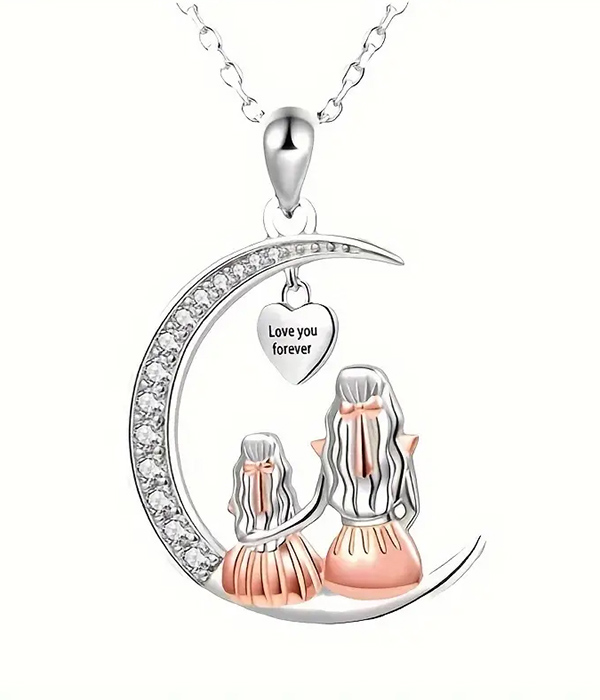 Mom and daughter on crescent moon pendant necklace