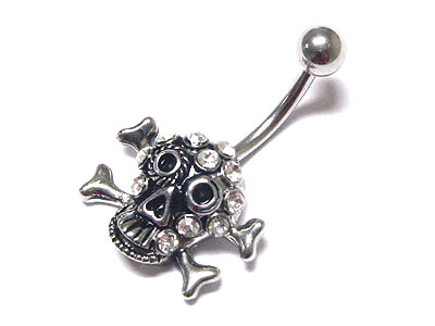 Made in korea whitegold plating crystal skull and crossbone dangle belly charm - body jewelry