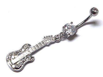 Made in korea whitegold plating crystal guitar dangle belly charm - body jewelry