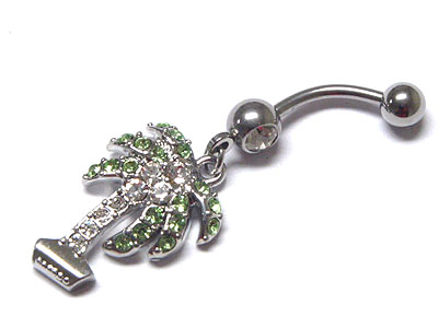 Made in korea whitegold plating crystal palmtree dangle belly charm - surgical steel post body jewelry