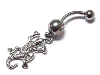 Made in korea whitegold plating crystal lizard dangle belly charm  - surgical steel post body jewelry