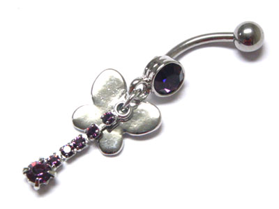 Made in korea whitegold plating crystal lind drop and butterfly dangle belly charm - surgical steel post body jewelry