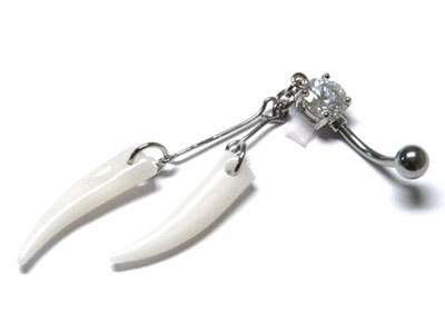 Made in korea whitegold plating crystal ball and hone tusk dangle belly charm - surgical steel post body jewelry