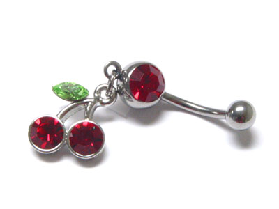 Made in korea whitegold plating crystal cherry dangle belly charm - surgical steel post body jewelry