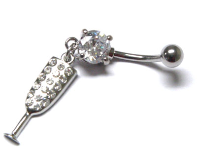 Made in korea whitegold plating crystal ball and cocktail dangle belly charm - surgical steel post body jewelry