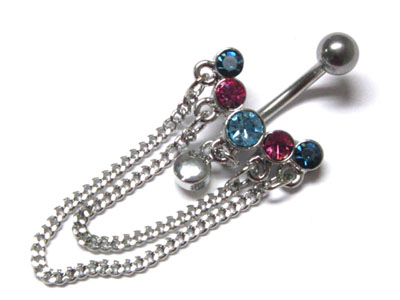 Made in korea whitegold plating multi crystal ball and hanging chain belly charm - surgical steel post body jewelry