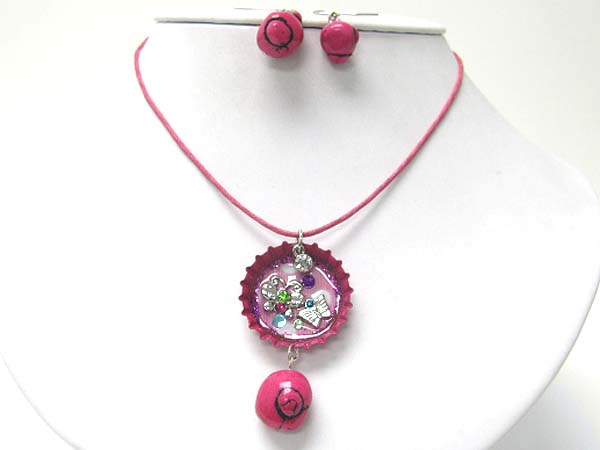 Sole bottle cap art flower charm and stone dangle necklace earring set