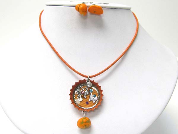 Sole bottle cap art flower charm and stone dangle necklace earring set