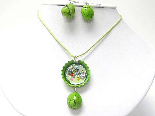 Sole bottle cap art flower charm and stone dangle necklace earring set