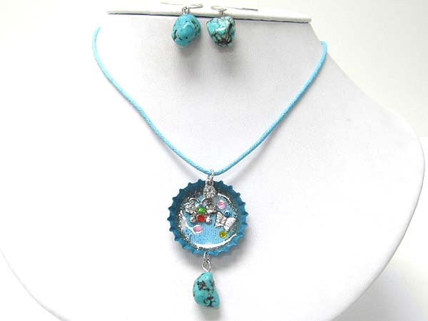 Sole bottle cap art flower charm and stone dangle necklace earring set