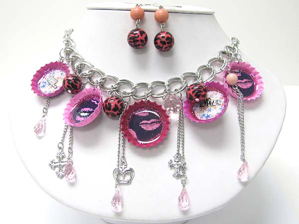 Multi bottle cap art flower charm and beads dangle necklace earring set