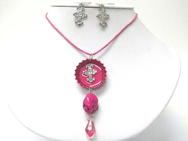 Sole bottle cap art cross charm and stone dangle necklace earring set