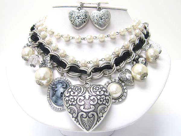 Crystal deco mixed charm and pearl ball dangle multi strand neckalce earring set