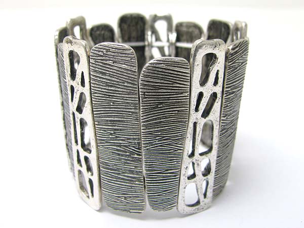 Burnish mixed textured metal bar link stretch bracelet