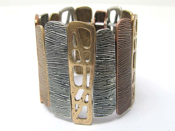 Burnish mixed textured metal bar link stretch bracelet