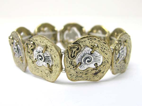 Two tone burnish textured metal disk link stretch bracelet