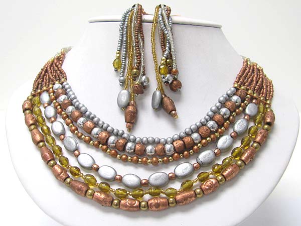 Multi row metal glass seed beads mixed necklace earring set