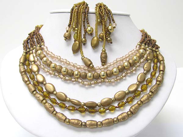 Multi row metal glass seed beads mixed necklace earring set