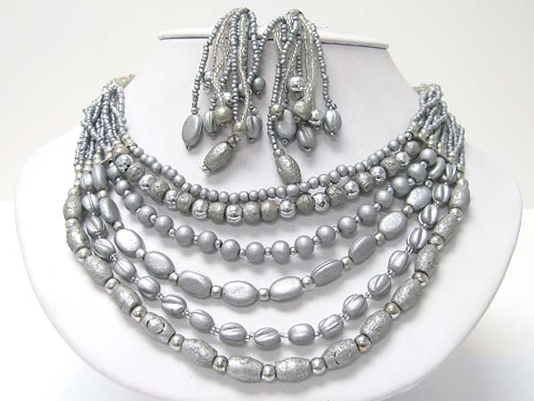 Multi row metal glass seed beads mixed necklace earring set