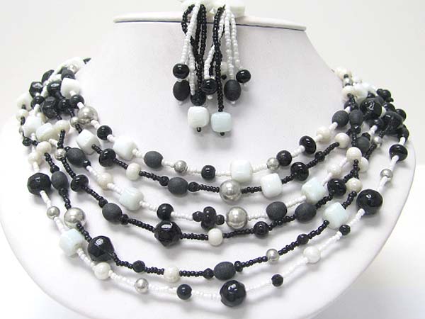 Mult layer mixed glass and seed beads necklace earring set