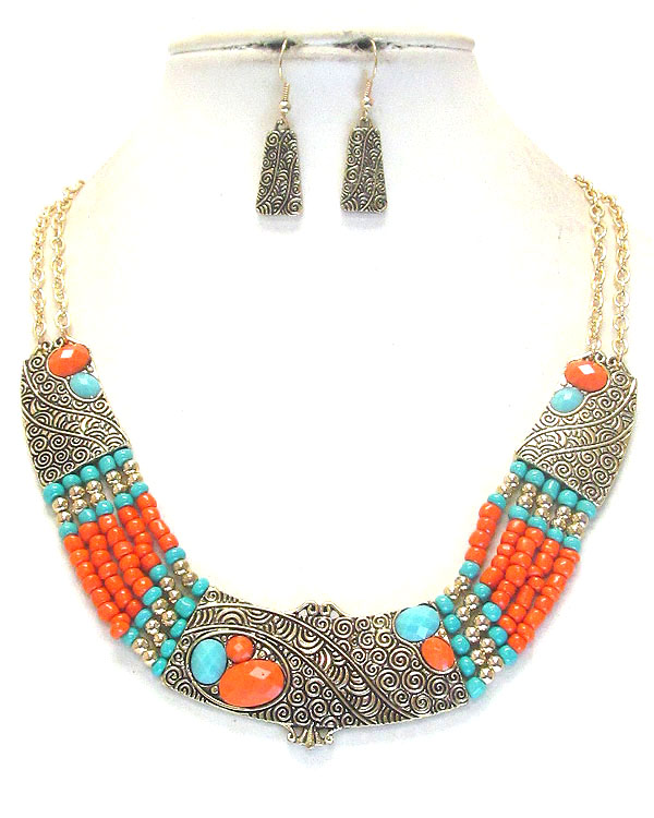 Ethic style metal casting and multi bead necklace earring set