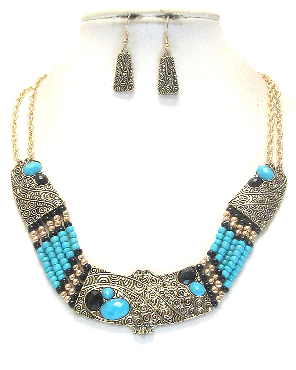 Ethic style metal casting and multi bead necklace earring set