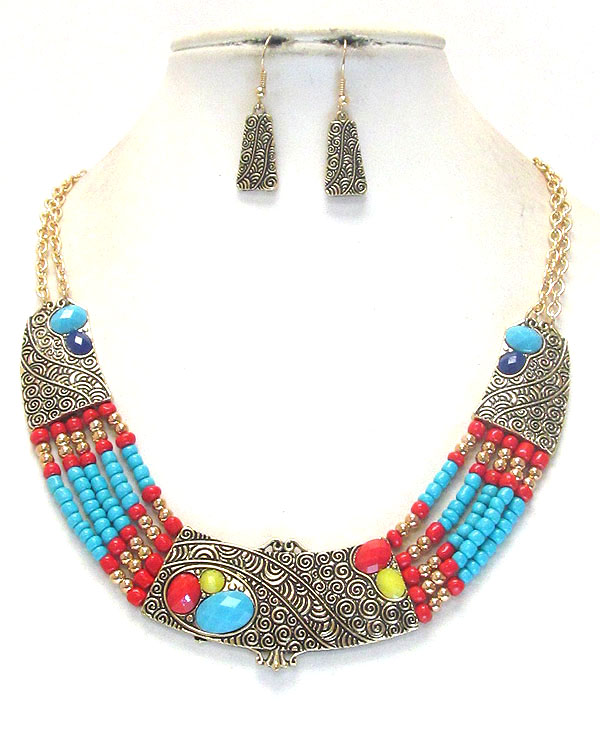 Ethic style metal casting and multi bead necklace earring set