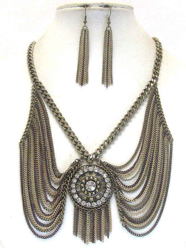 Crystal medallion and multi chain drop dress necklace earring set