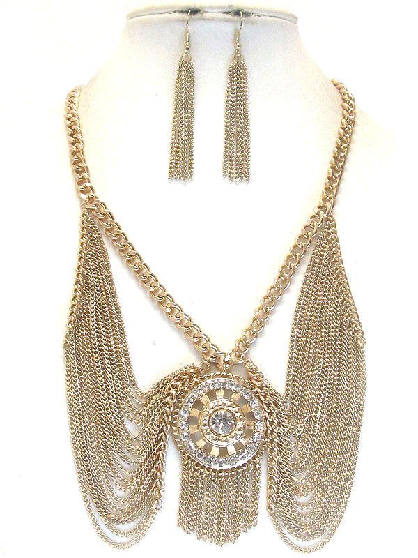 Crystal medallion and multi chain drop dress necklace earring set