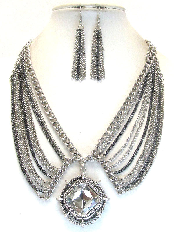 Facet glass center and multi chain drop dress necklace earring set