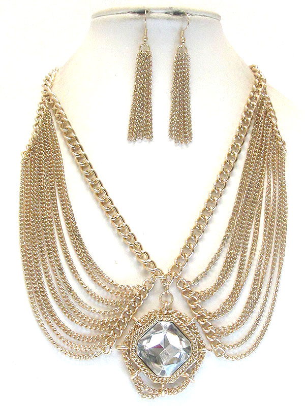 Facet glass center and multi chain drop dress necklace earring set