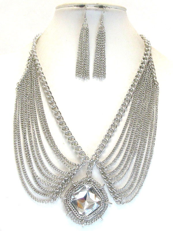 Facet glass center and multi chain drop dress necklace earring set