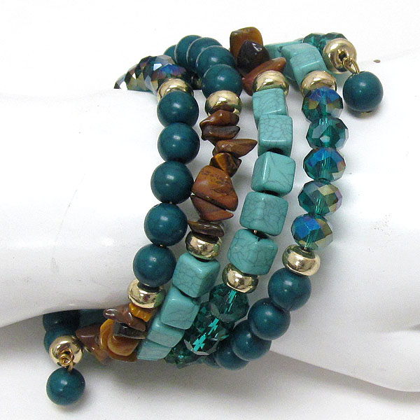 Multi glass and stone bead mix coiled bracelet