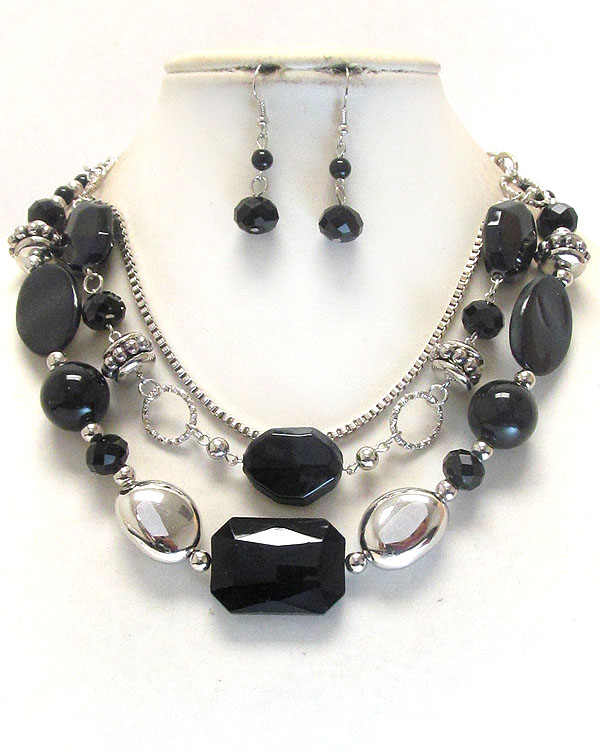 Multi facet glass and acrylic stone deco 3 layer necklace earring set