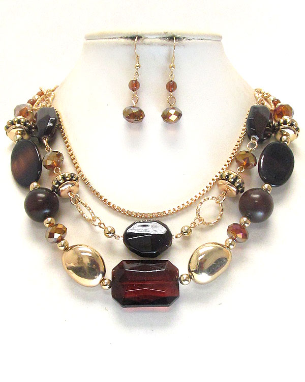 Multi facet glass and acrylic stone deco 3 layer necklace earring set