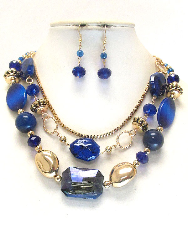 Multi facet glass and acrylic stone deco 3 layer necklace earring set