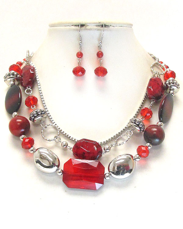 Multi facet glass and acrylic stone deco 3 layer necklace earring set