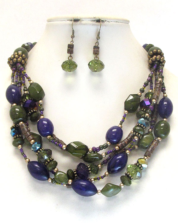 Multi material bead and layer necklace earring set