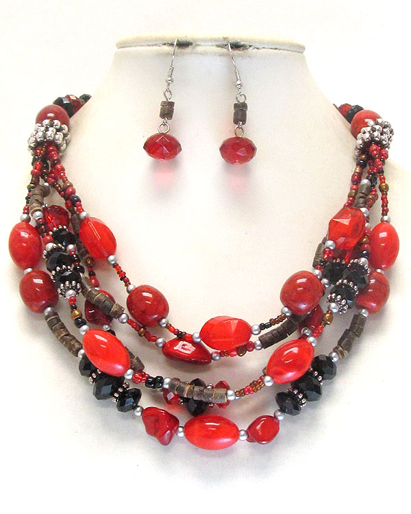 Multi material bead and layer necklace earring set