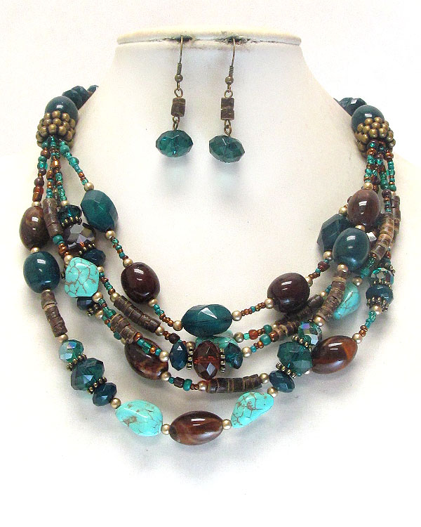 Multi material bead and layer necklace earring set